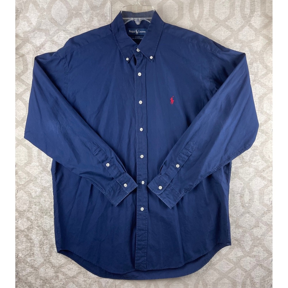 Ralph Lauren Blake Shirt Mens L Navy Blue Excellent Pony Logo Two-Ply Cotton LS